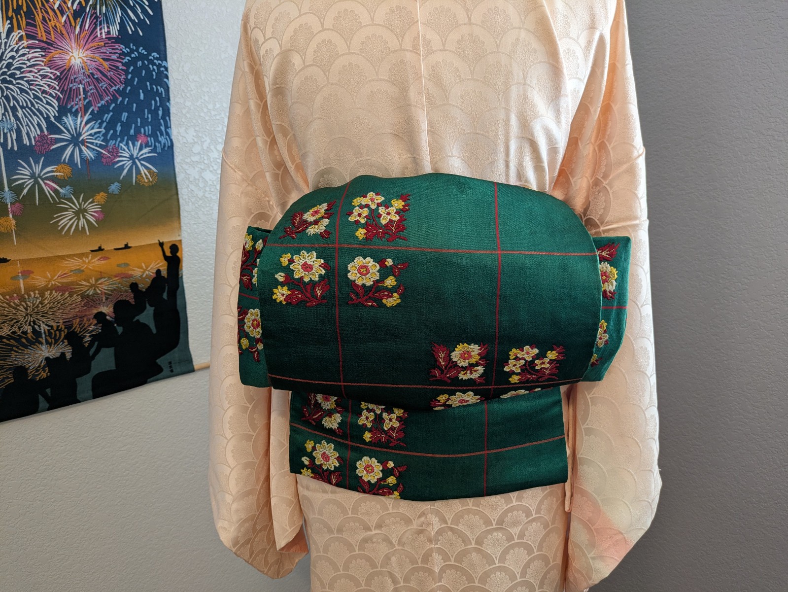 Japanese vintage kimono, antique obi belt and obi-jime set.
