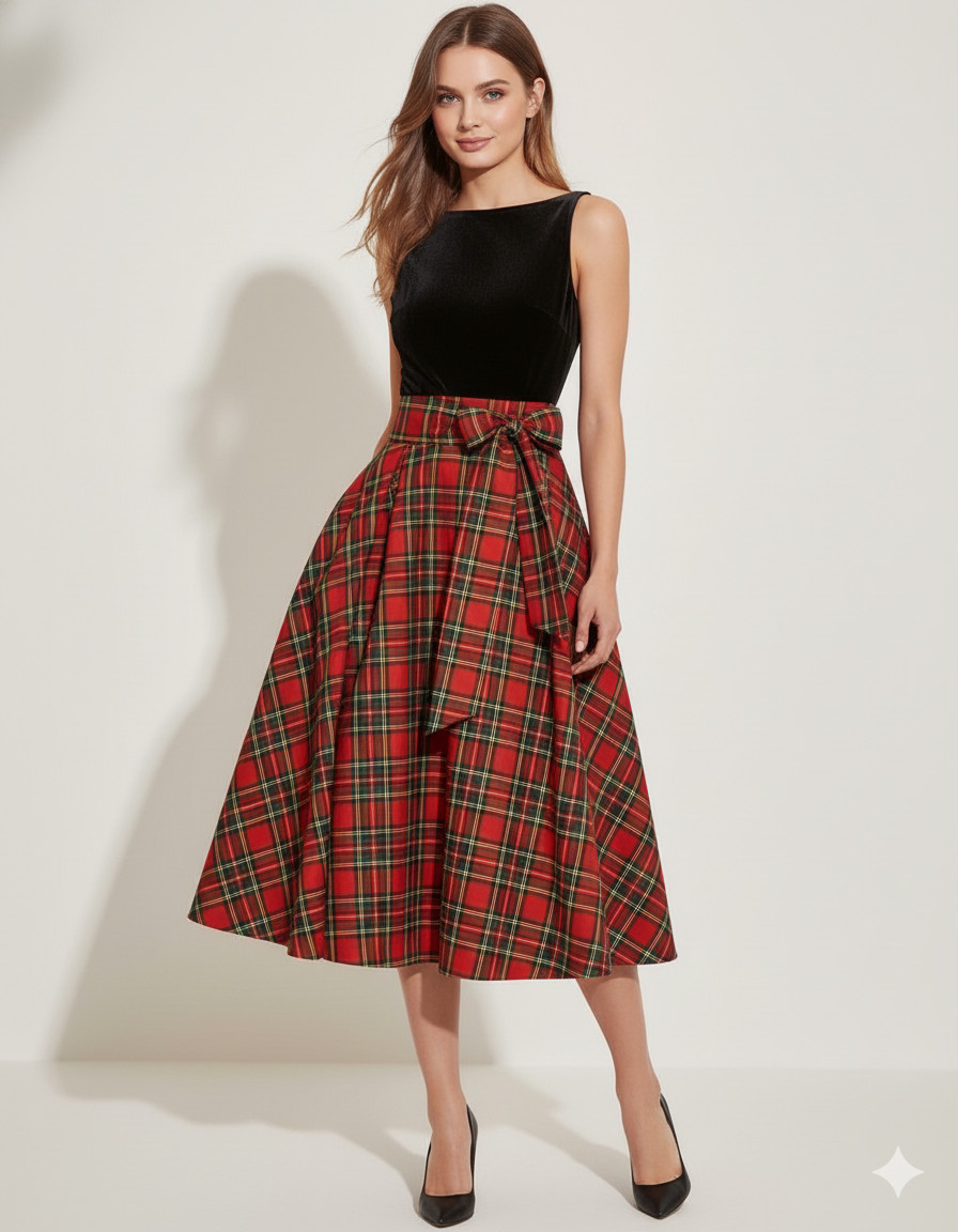 Elegant Plaid Midi Dress with Matching Velvet| Women Christmas Party Dress