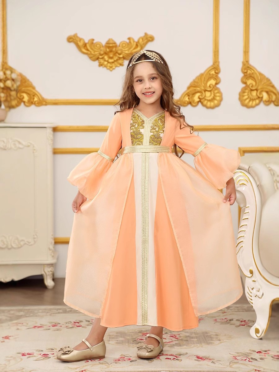Muslim Girls Child Kaftan Dress Fashion Lantern Sleeves Abaya Party Banquet Gown