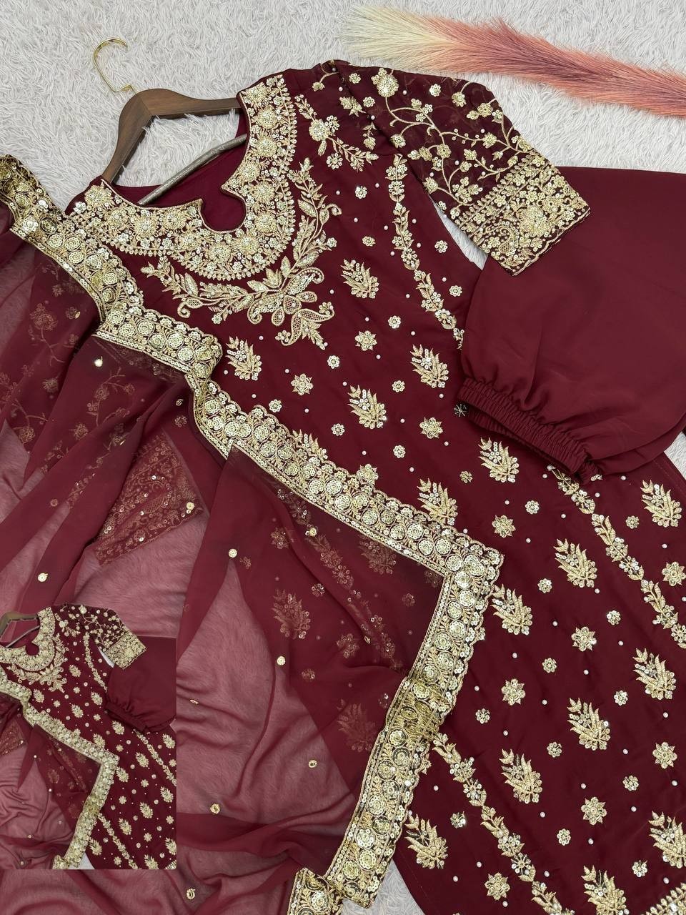 Fancy Designer Faux Georgette Maroon Top Palazzo With Dupatta For Festival Wear
