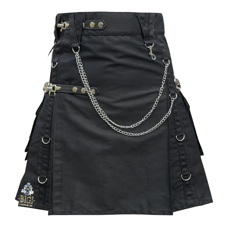 Men’s Black Gothic Kilt – Gothic Tactical Cotton Kilt with Detachable Pockets