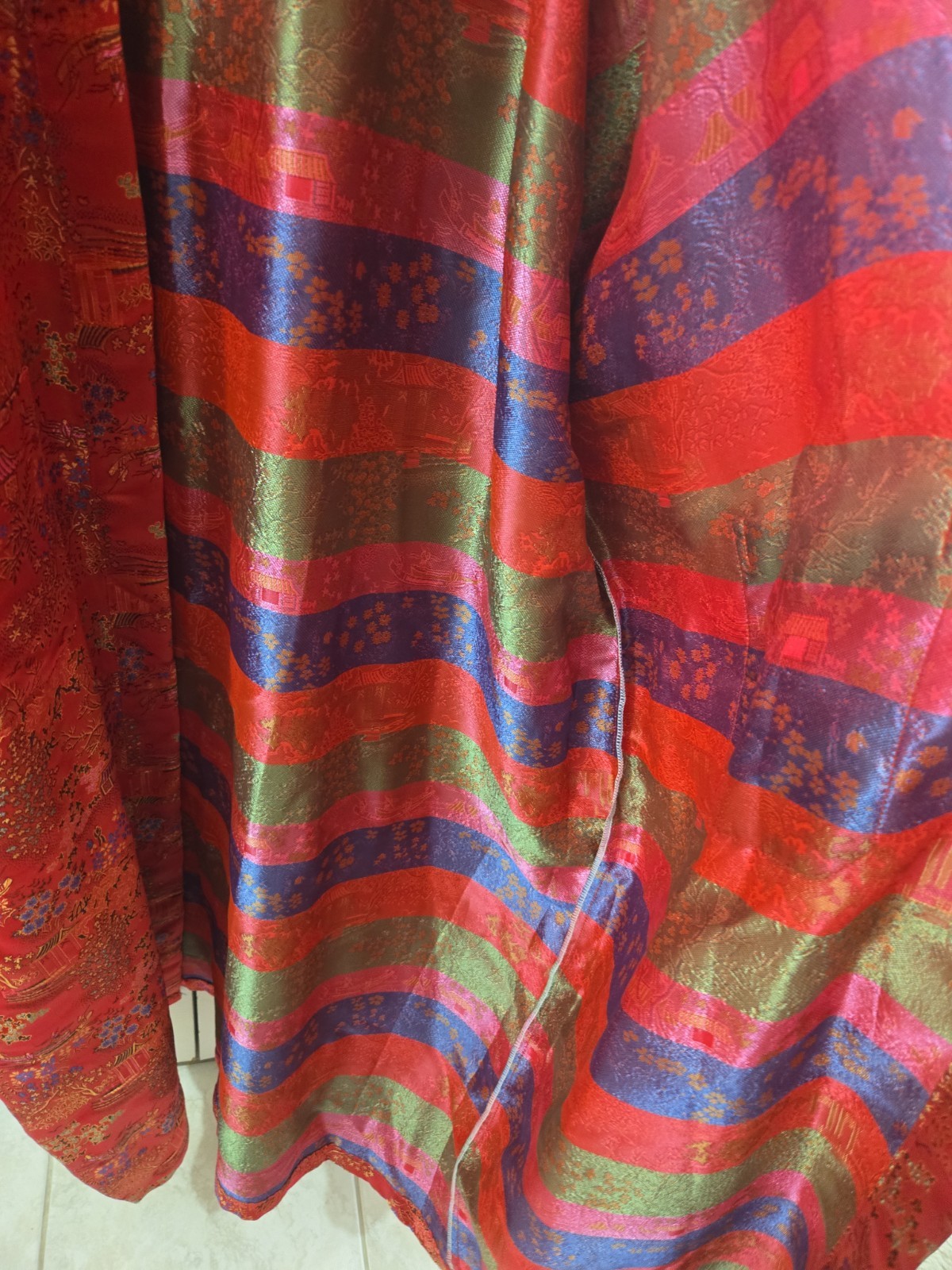 Double Peach Long Heavy Silk Red Gold Jacquard Oriental Kimono Robe Belt O/S