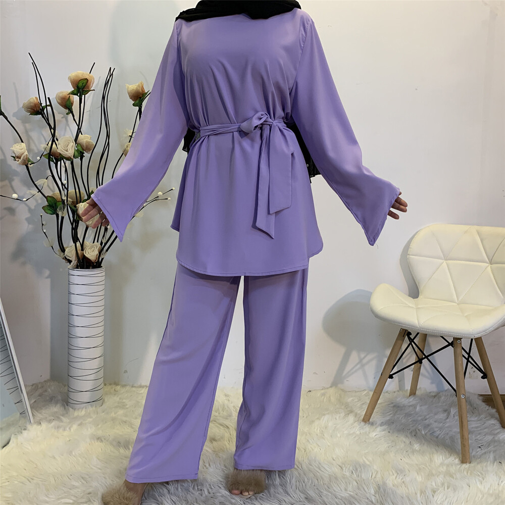 2 Piece Set Muslim Women Casual Long Sleeve Tops Blouse Wide Leg Pants Abaya