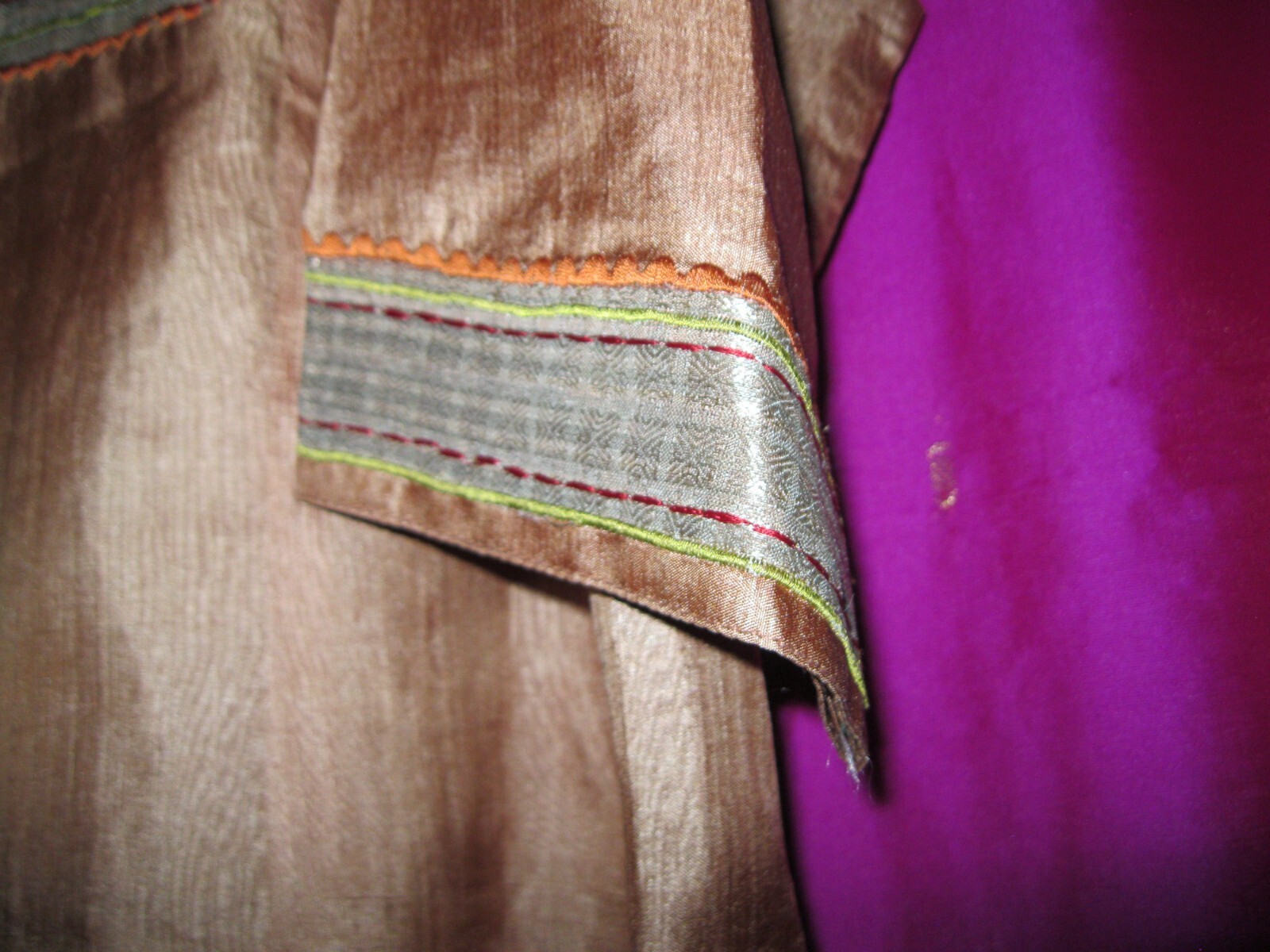 INDIA, SILK GARMENT SZ. M., MANGO COLORED W/ GOLD THREAD FRONT, 3/4 SLEEVES