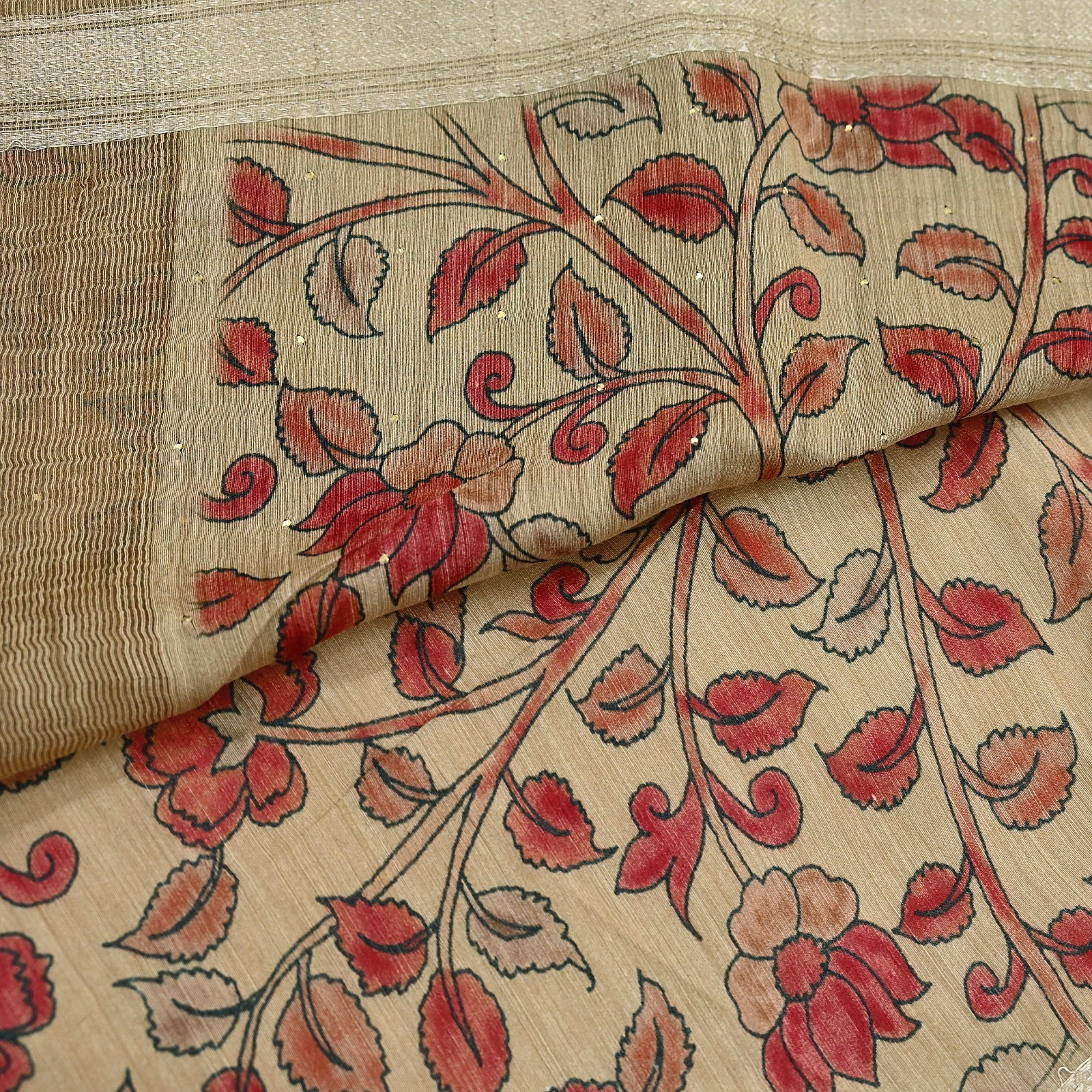 Indian Vintage Sari Pure chanderi Silk Kalamkari Print Saree Craft Fabric 5Yd