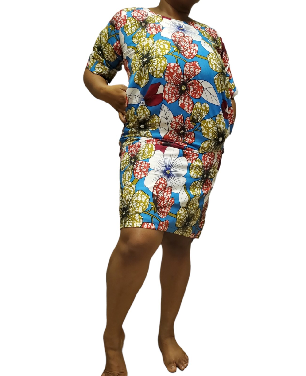 Beautiful stoned Ankara Dress ,Knee Length,short sleeves and pockets,no lining.