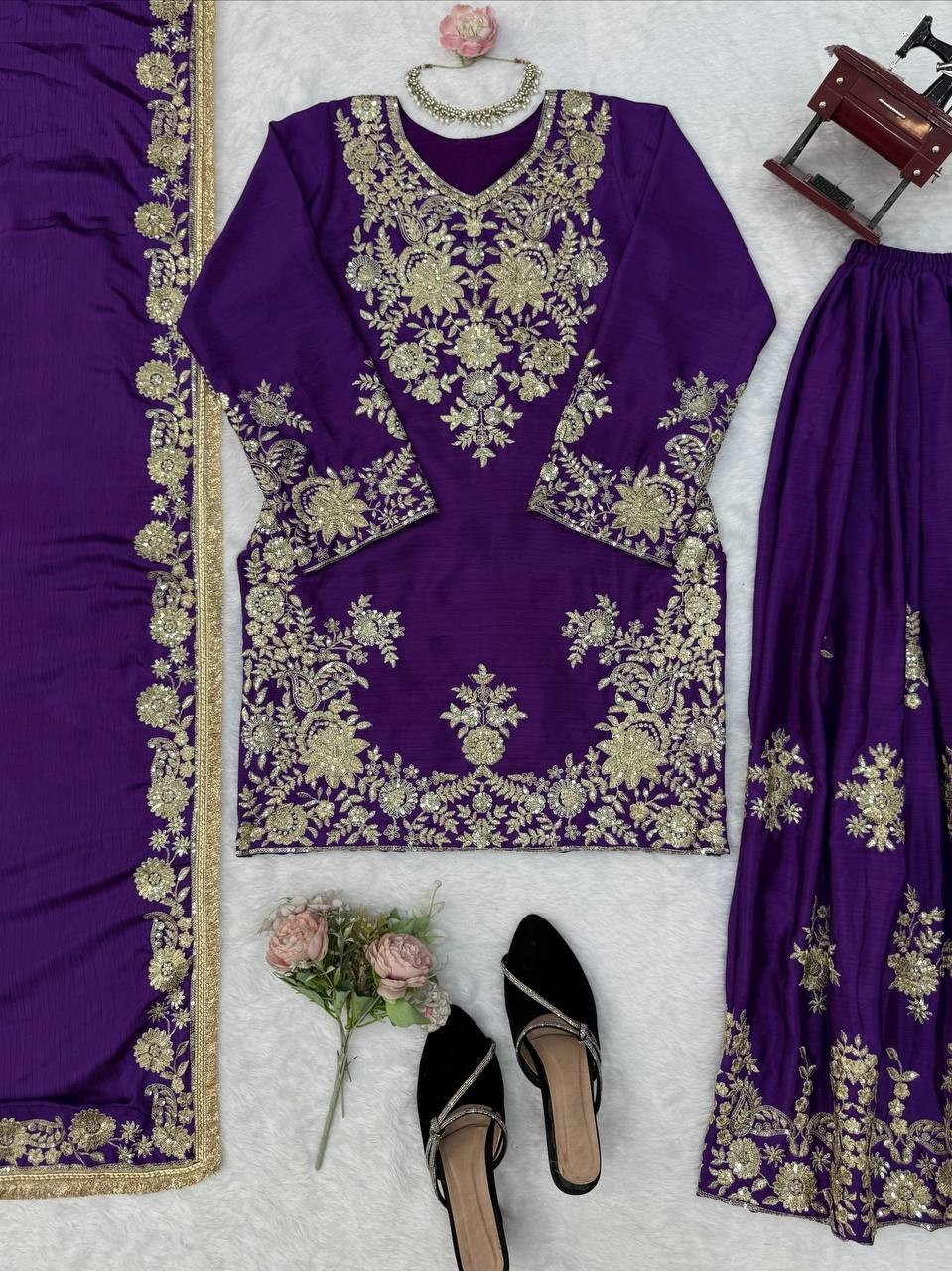 Presenting Designer Purple Chinnon Silk Kurta Palazzo With Dupatta For Women