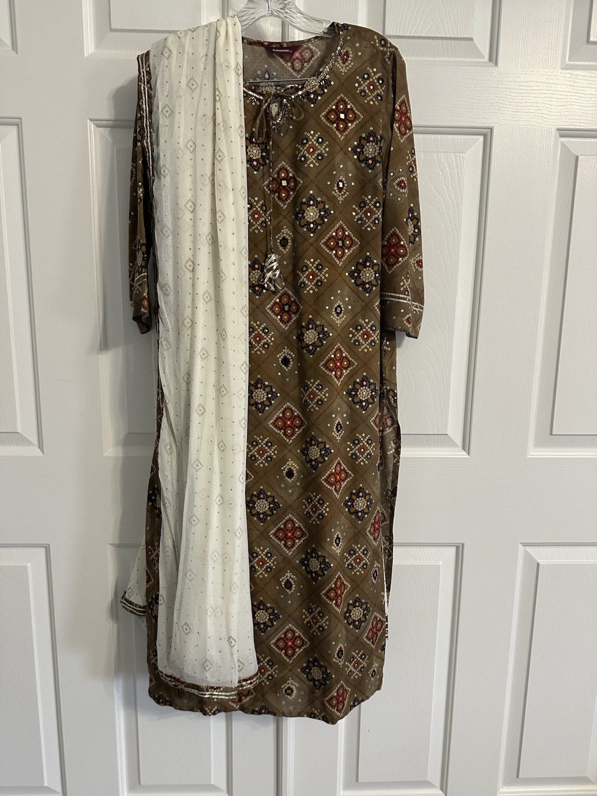 Brown and Cream Printed Women’s Three-Piece Indian Set, Size small/medium