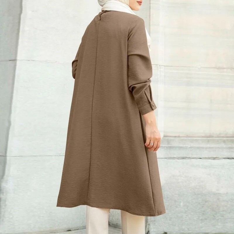 Muslim Women’s Solid Color Blouse Round Neck Long Sleeve Shirt Casual Loose Top