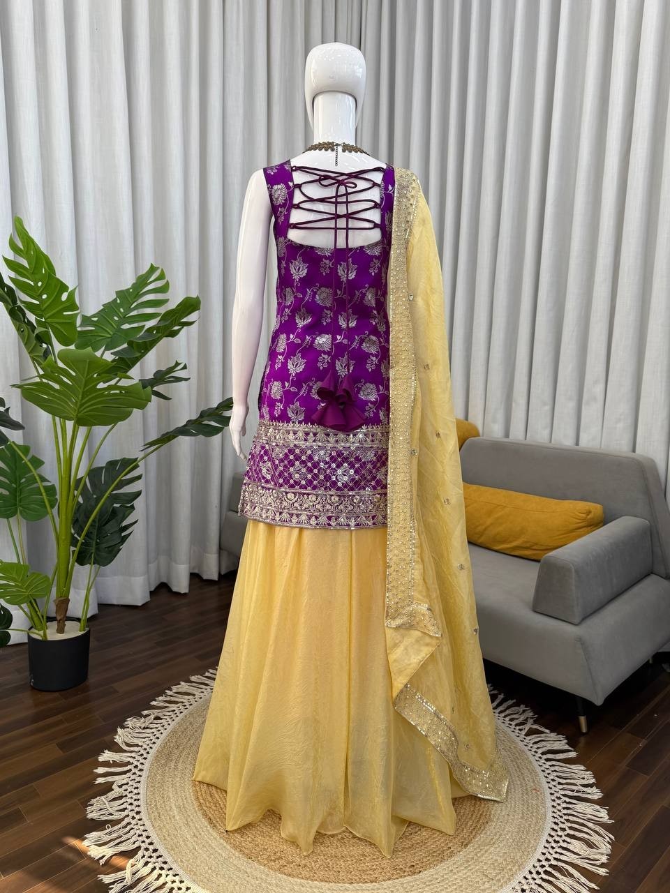 Presenting Latest Jacquard Purple Top Palazzo With Dupatta For Wedding Wear