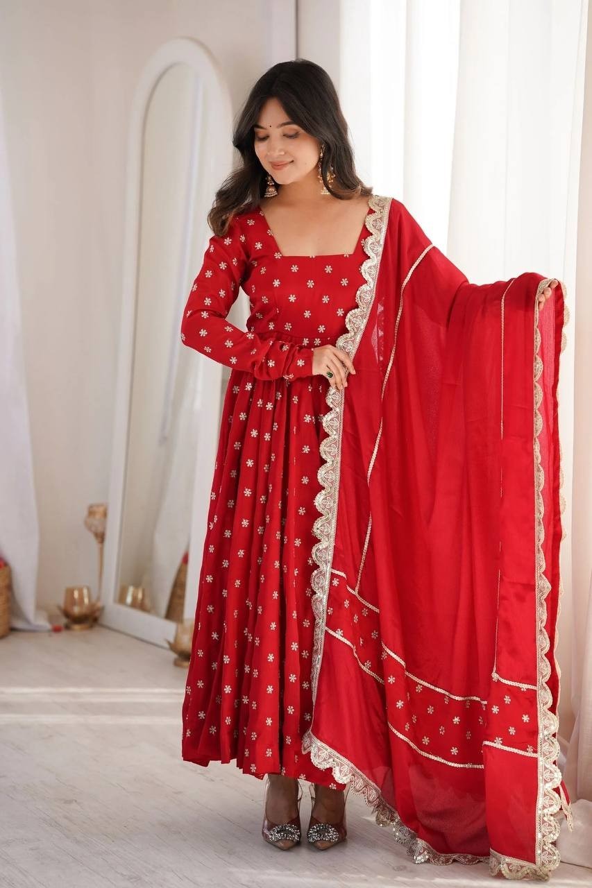 Latest New Chinon Silk Red Gown Bottom With Dupatta For Wedding & Party Wear