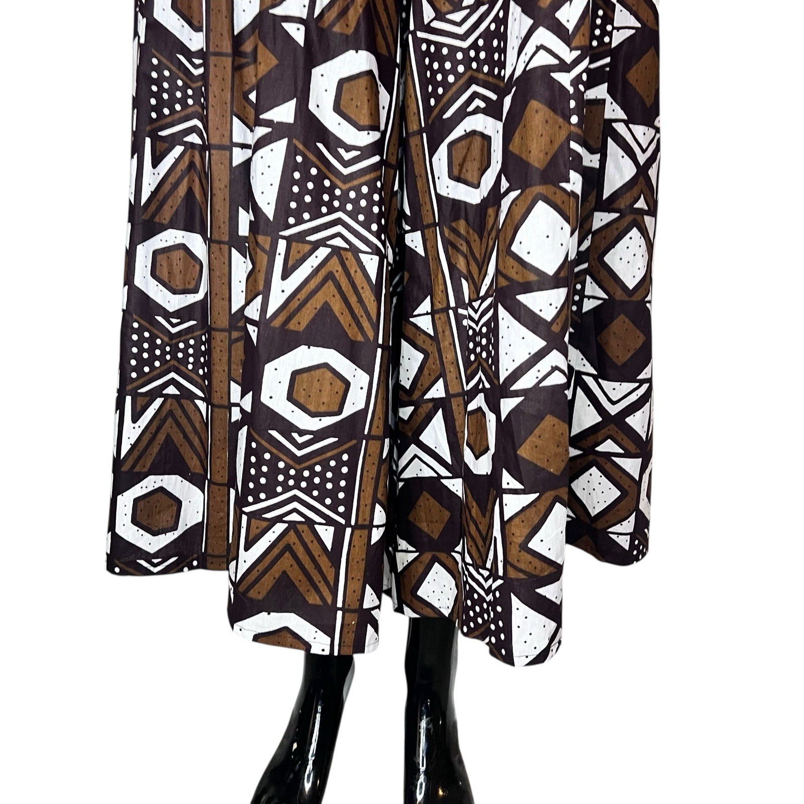African Print Brown & White Tribal Mud Cloth Print Women Bell Gaucho Pants