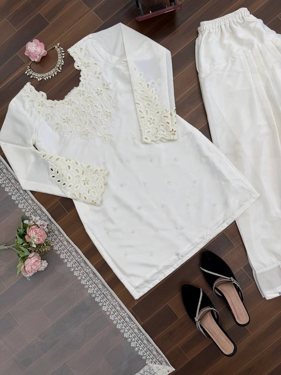 Ethnic Wear Natural Crep White Top Bottom With Dupatta For Women And Girls