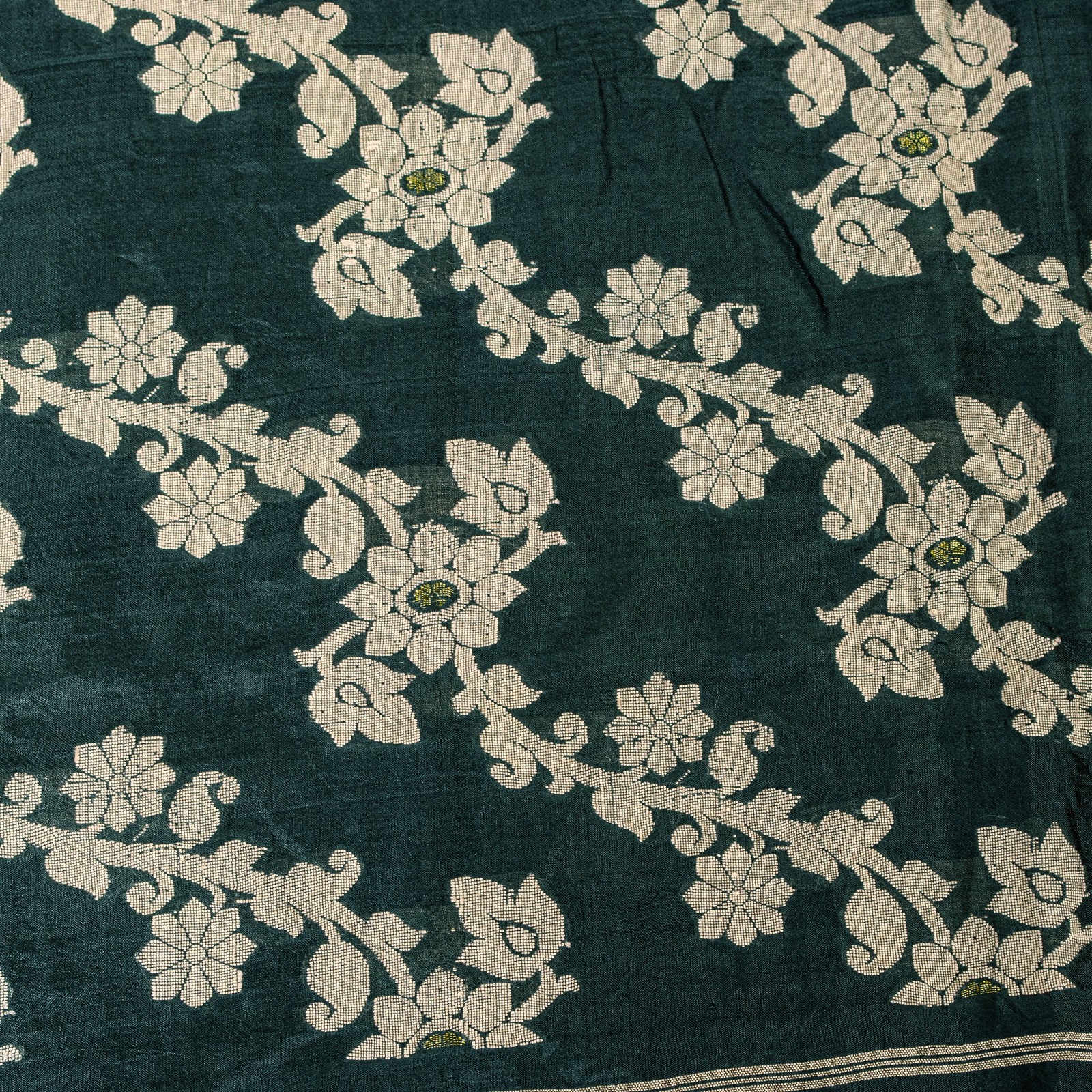 Sanskriti Vintage Green Pure Silk Saree Hand Woven Sari West Bengal 6+Yd Fabric