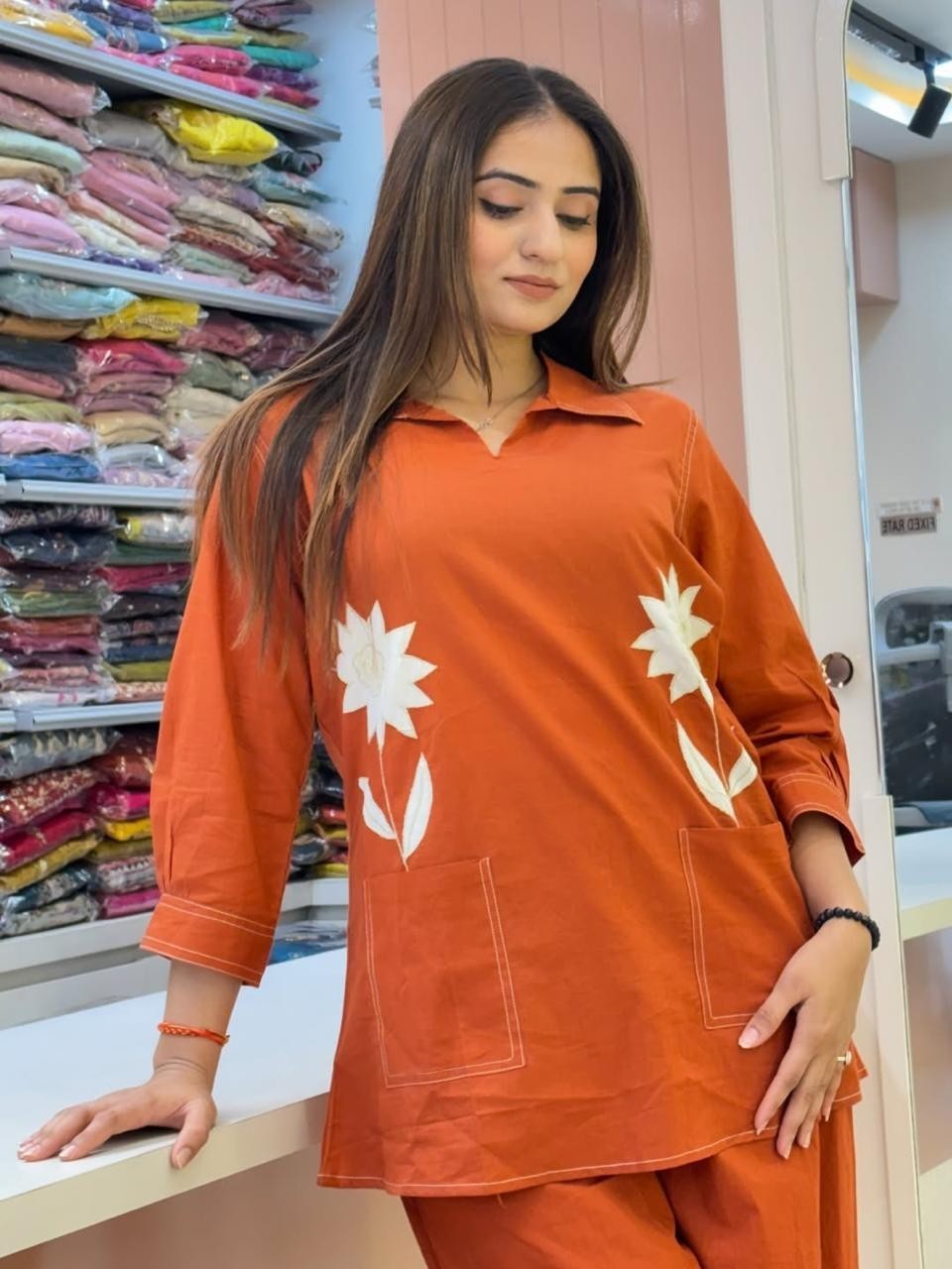 Women Cotton Slub Embroidery Kurti Palazzo Set Indian Bollywood Top Kurta Set