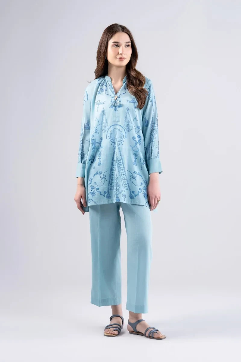 Maria B Light Blue Printed Slub Lawn Suit 2 Piece Short Shirt Pants