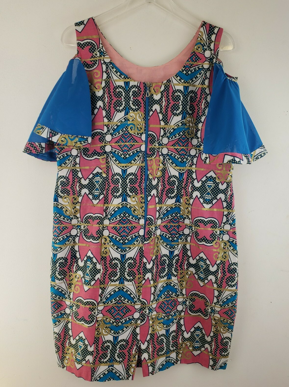 AFRICAN Ankara Print Cotton Cold Shoulder Shift Dress Pink/Blue Multi Color…