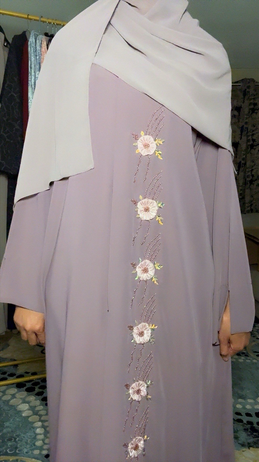 Women’s Lavender Kaftan Floral Embroidery with Beige Scarf Size 56’58’60
