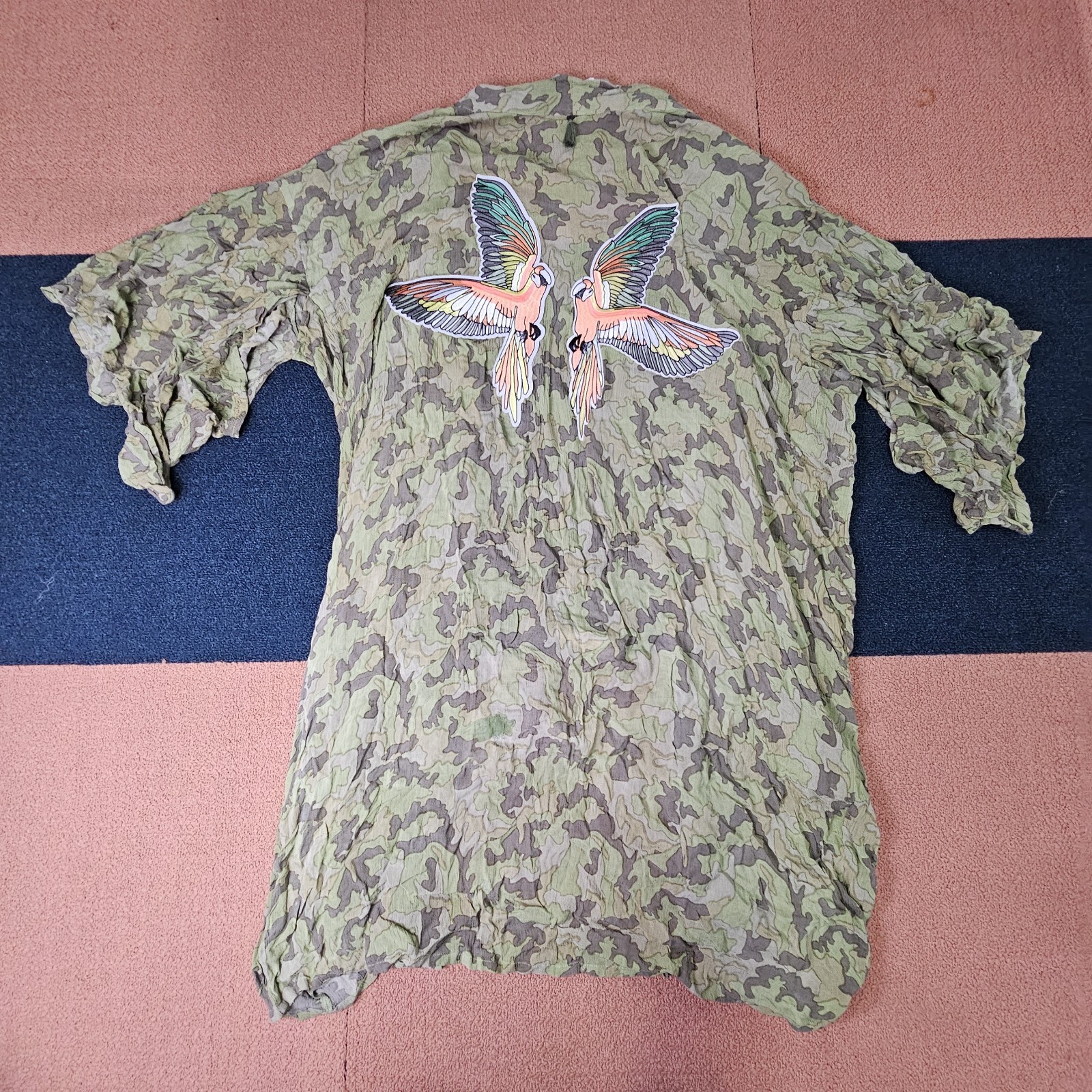 Z&L Europe Dual Tasseled Ties Camo Print Kimono Embroidered Birds One Size K7b