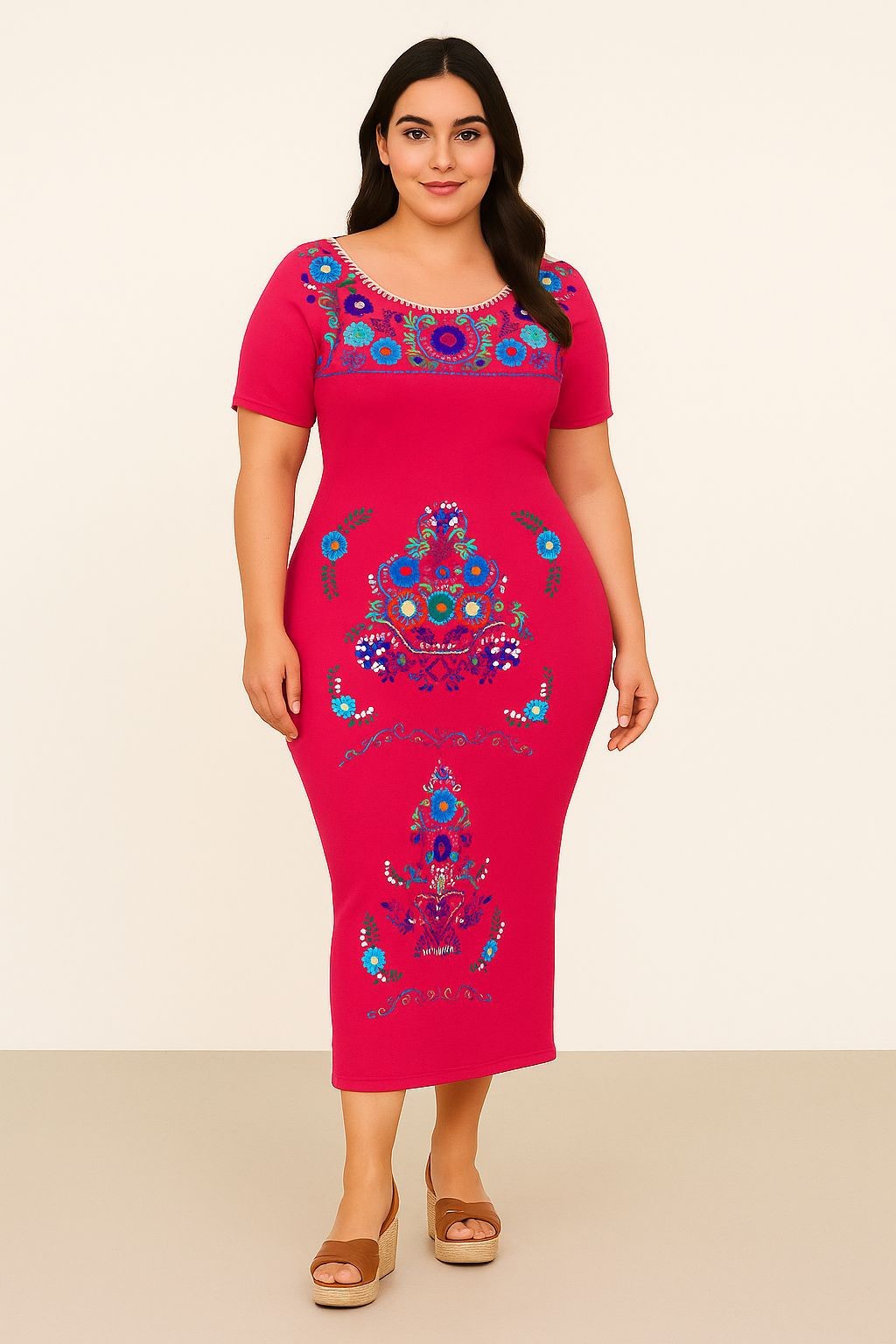 Mexican Handmade Long Dress 130” Fuchsia Floral Embroidery – Slim Fit L/XL