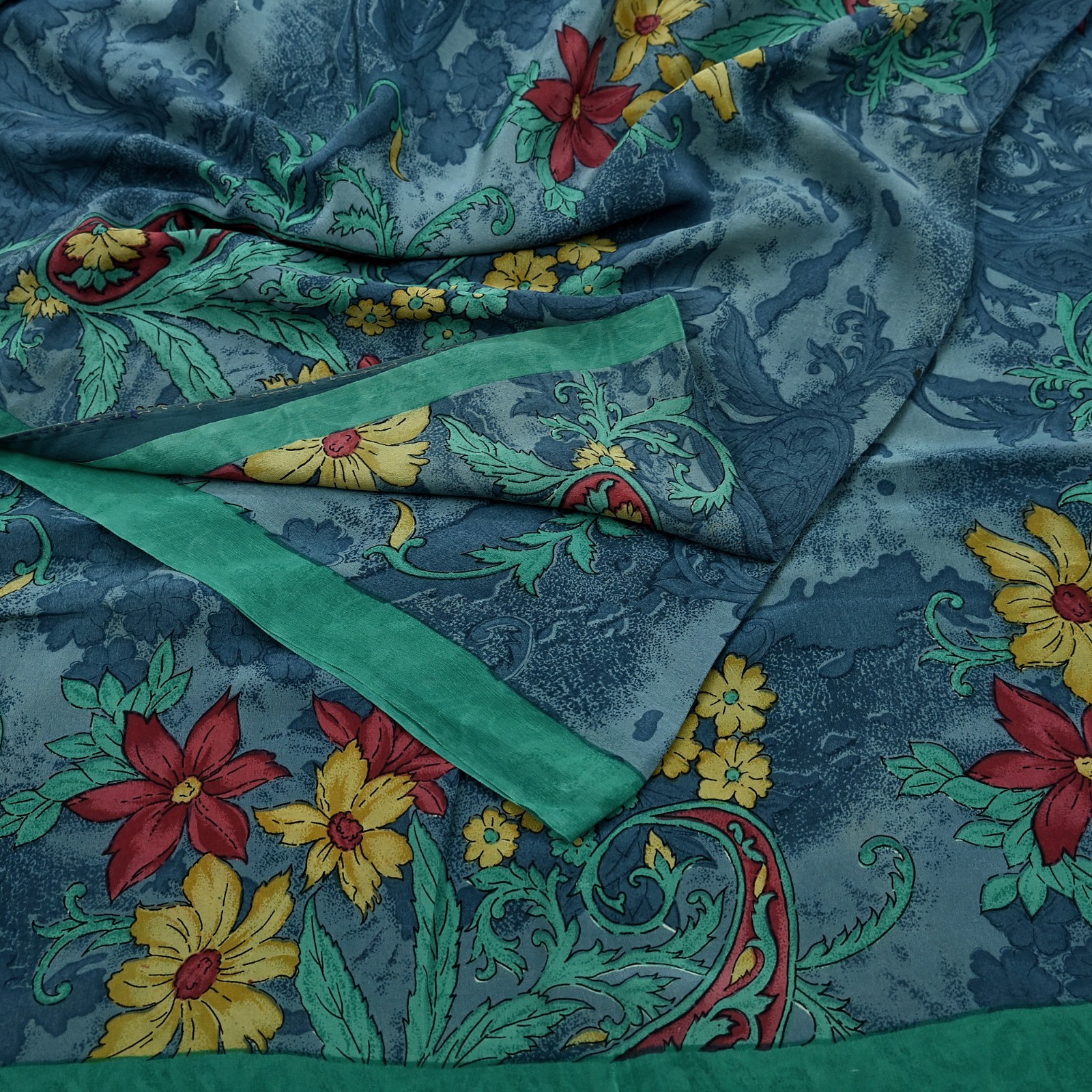 Vintage Sari Green & Gray Pure Crepe Silk Printed Sarees 6yd Sewing Soft Fabric