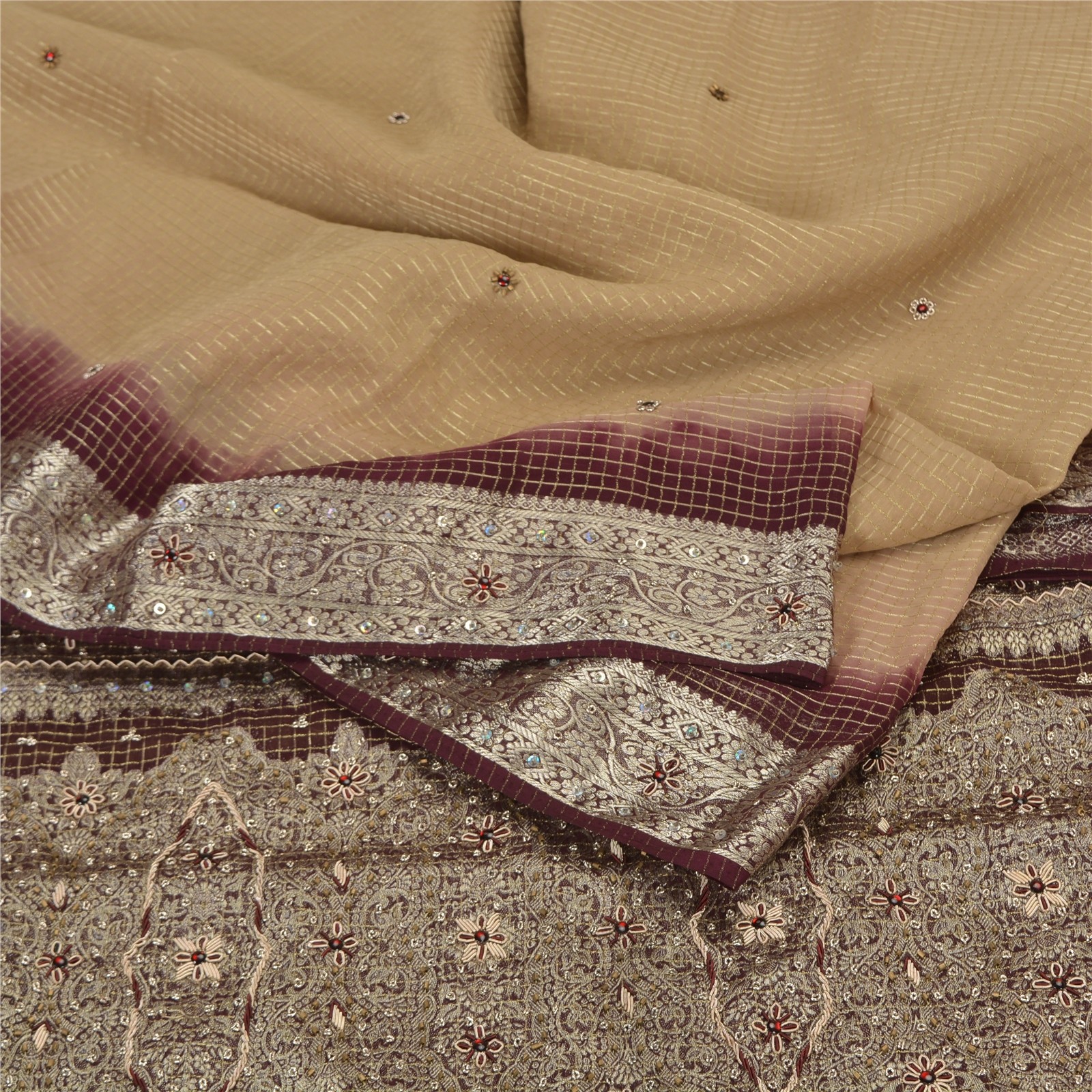 Sanskriti Vintage Sarees Brown Georgette Hand Beaded Zari Brocade Sari 6Ydfabric
