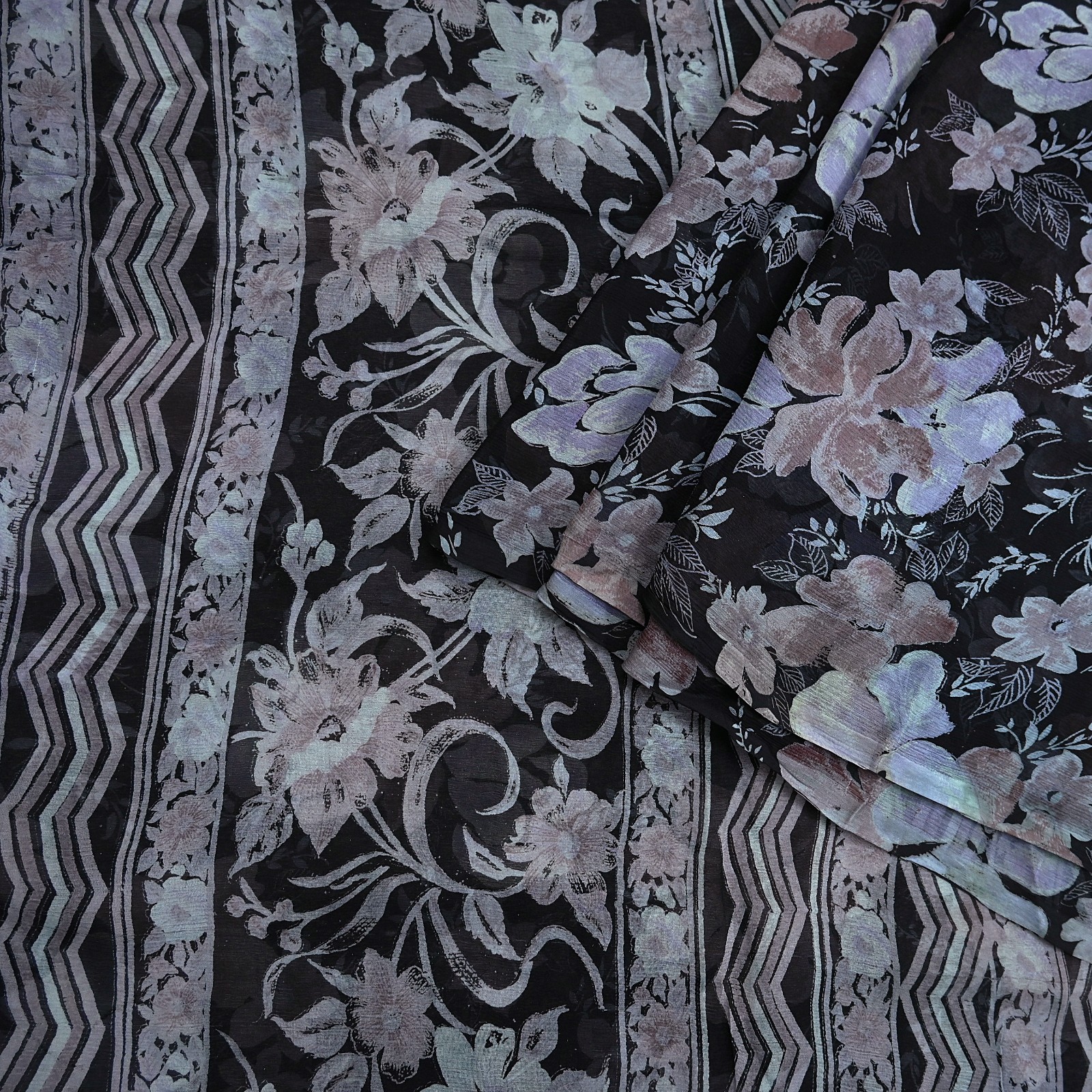 Vintage Saree Black Pure Chiffon Silk Printed Sari Craft Fabric Sewing 5Yd Soft