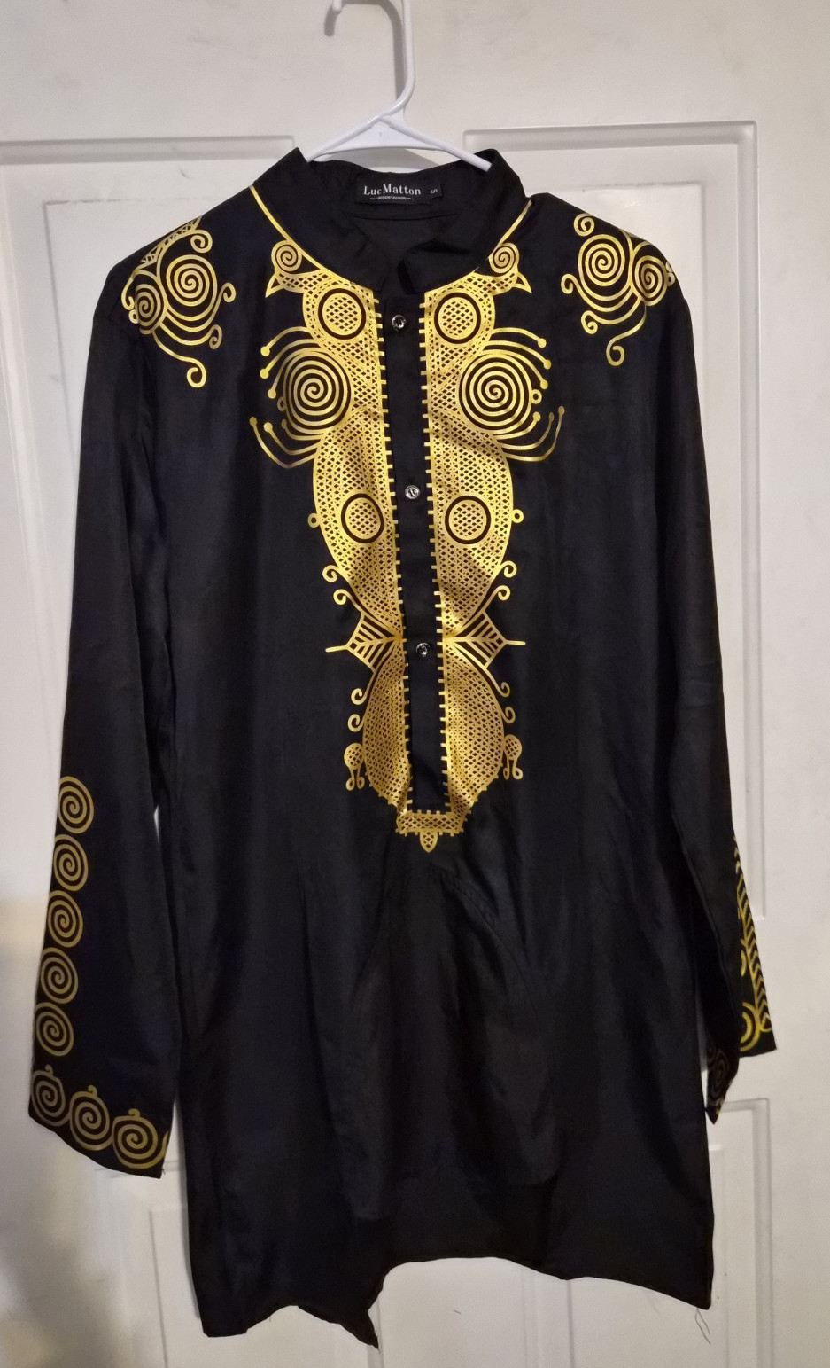 LucMatton Men’s Dashiki African Shirt Black Gold Polyester Size S
