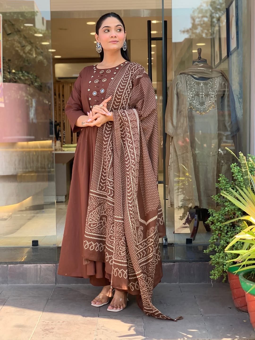 Elegant Brown Anarkali Kurta Pant & Dupatta Set | Festive | Wedding | Party Wear