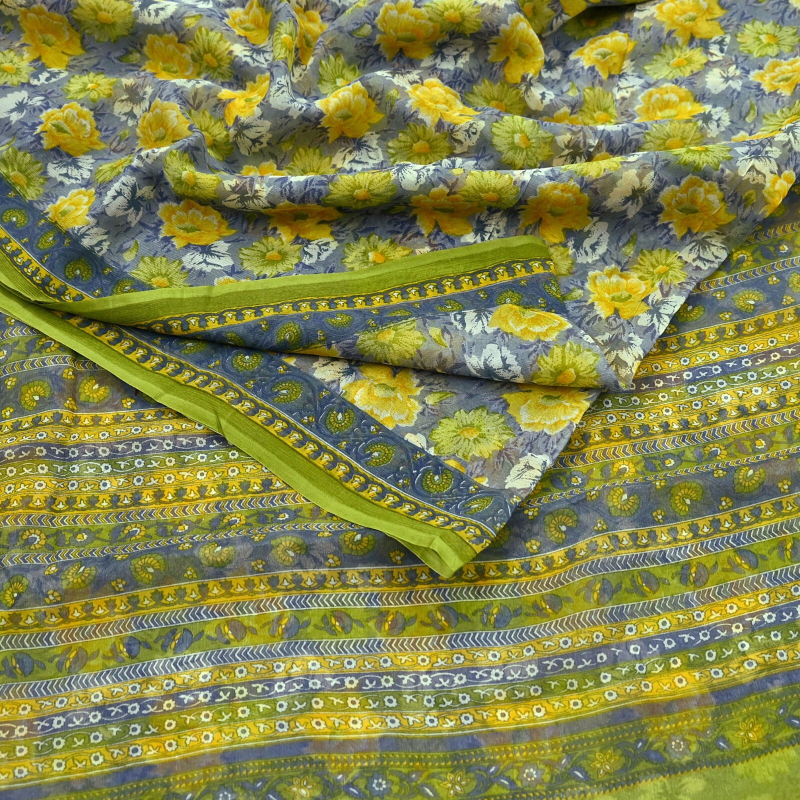 Vintage Sari Gray &Green Pure Chiffon Silk Printed Saree Craft Fabric Sewing 6yd