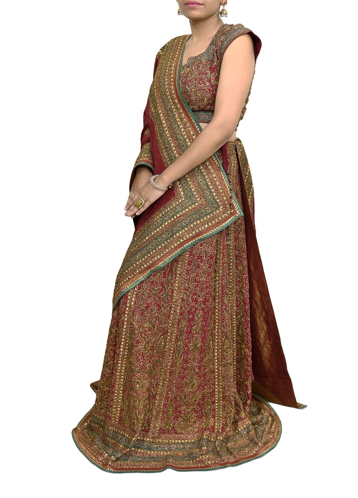 Pre-owned Maroon Pure Silk Hand Embroidered Ritu Kumar Designer Lehenga 3pcs set