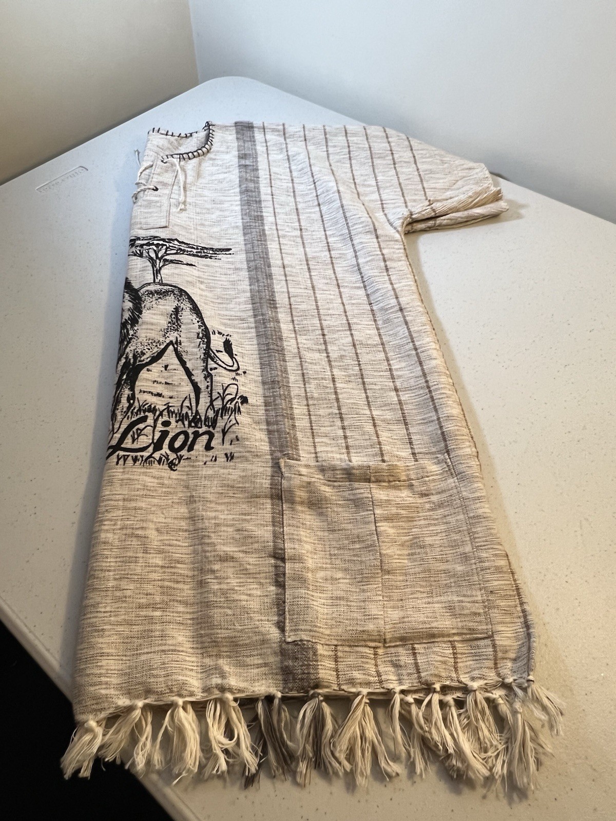 Africa Woven Lion Shirt Size XXL With 2 Pockets & Fringe Handmade In Africa