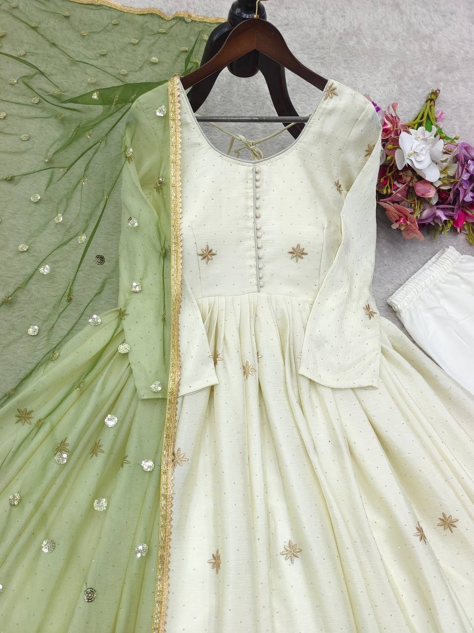 Off White Pure Dola Silk Gown Bottom With Dupatta For Indian Functional Wear