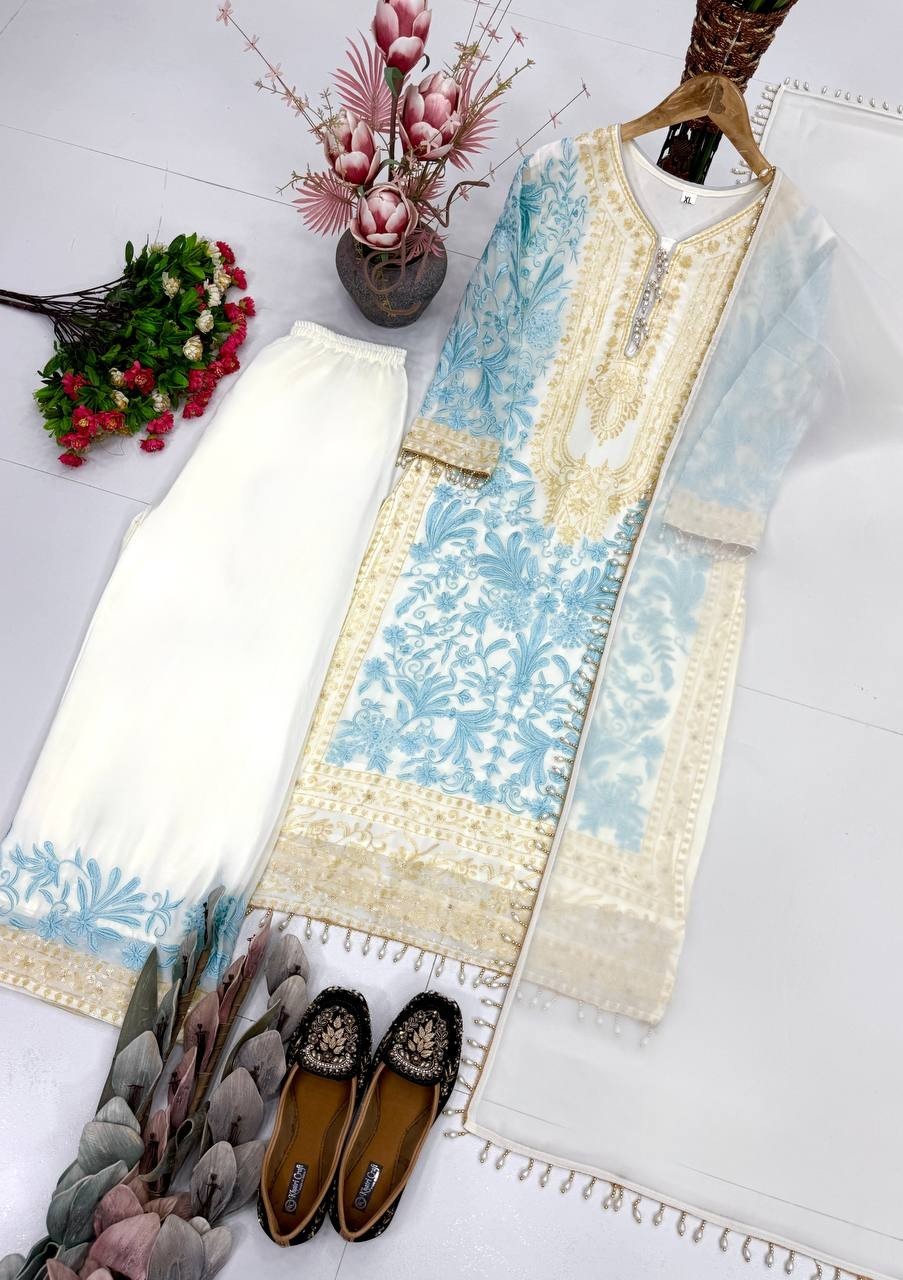Attractive White Diamond Georgette Kurta Palazzo With Dupatta For Party Wear