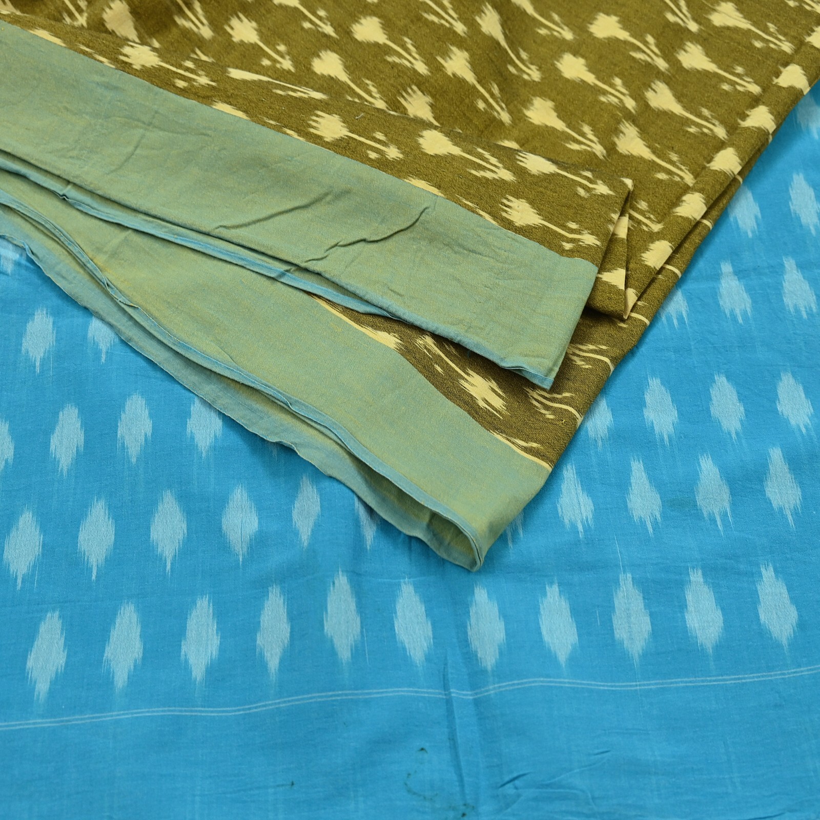 Vintage Blue & Green Saree Ikat Printed Pure Cotton Sari Craft Fabric 5Yd Sewing