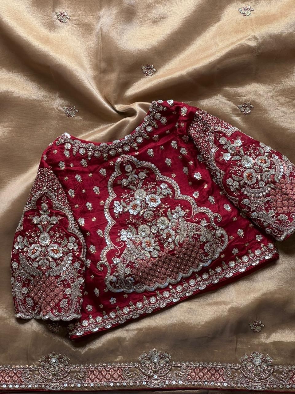 nylon soft tissue crape saree multi sequence pearl handwork with blowse .