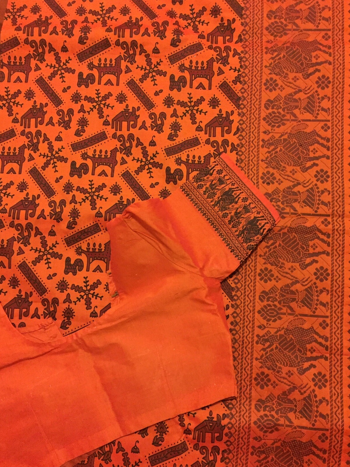 Orange/Black Bhagalpuri Silk saree with stitched blouse & falls