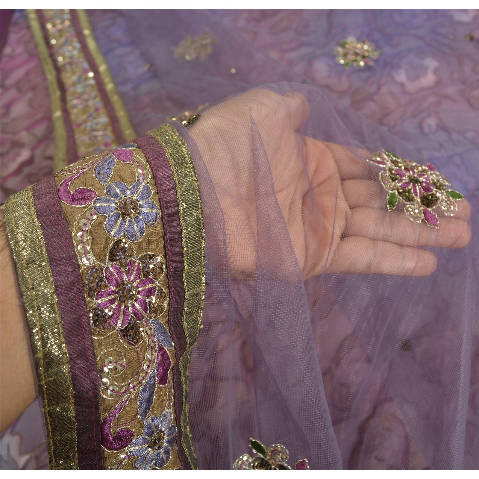 Sanskriti Sanskrit Vintage Purple/Green Sarees Embroidered Net Mesh Fabric Lehen