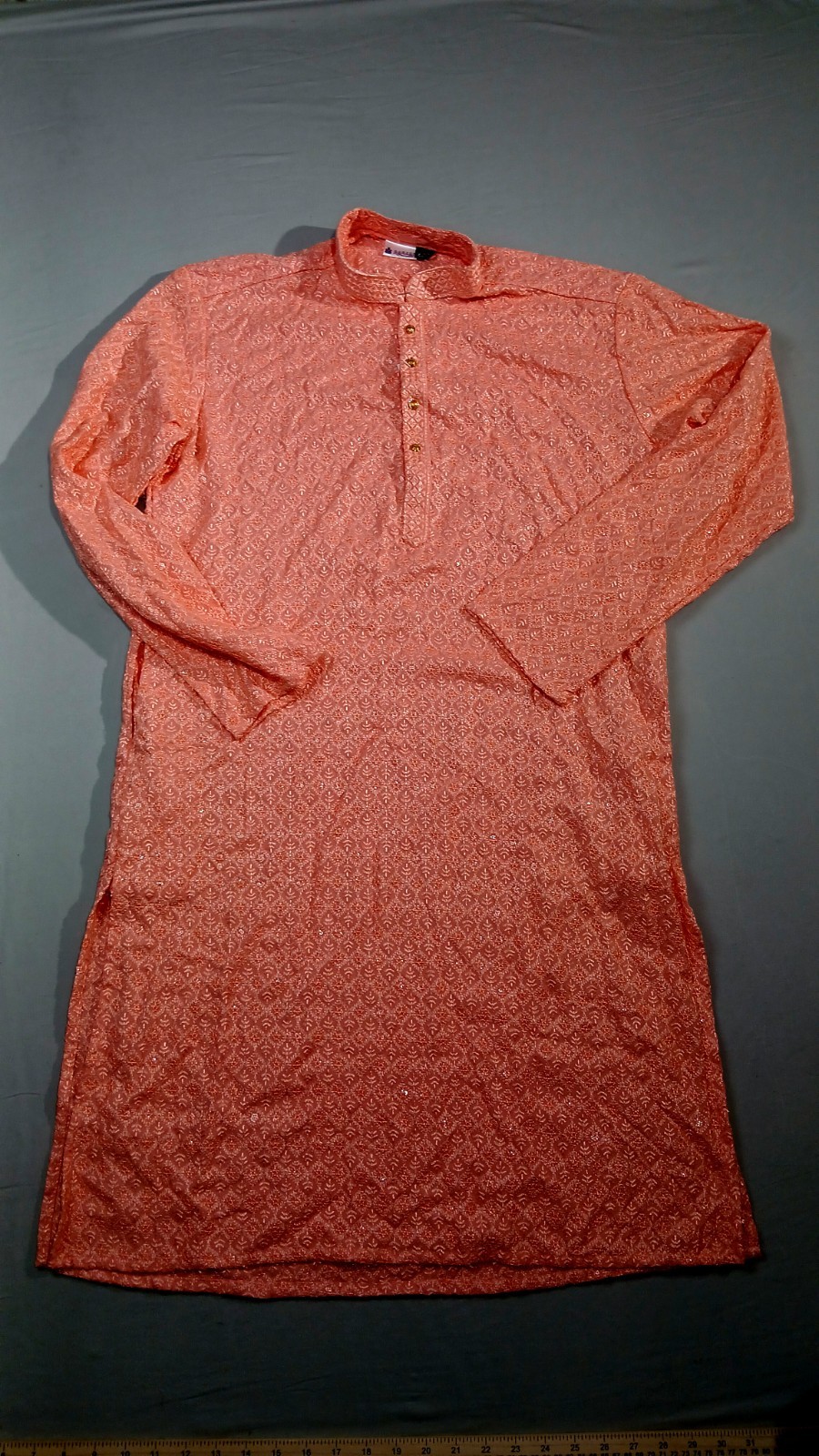 Garzon Ethnic Embroidered Sequin Kurta Men’s 44 L Peach Coral Indian Wedding NWT