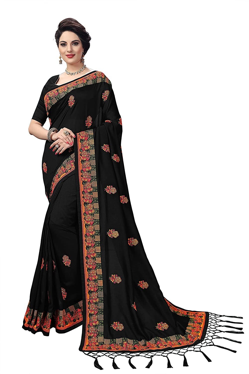 Women’s Vichitra Satin Embroidery Work Saree Women