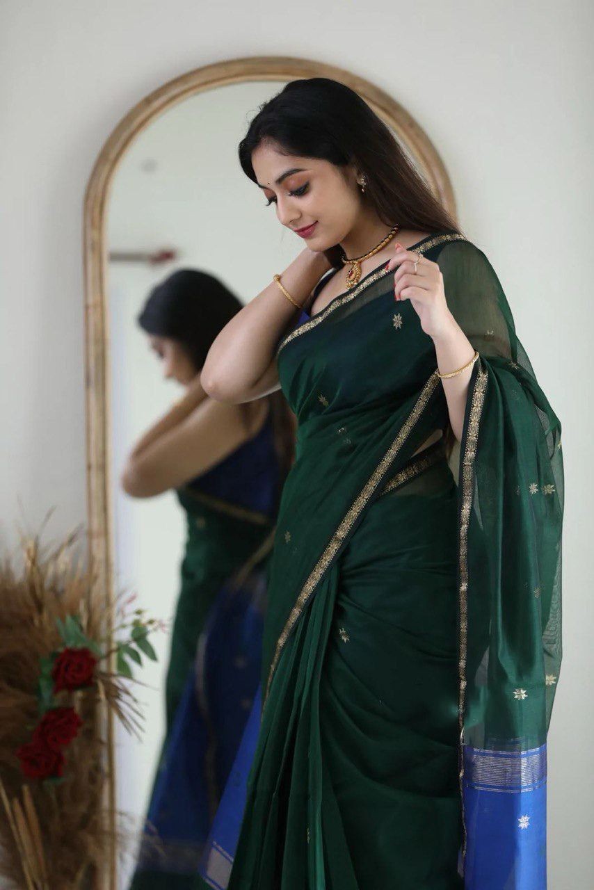 Soft Linen Cotton Saree Jacquard Wedding Party Wear Traditional Indian Sari
