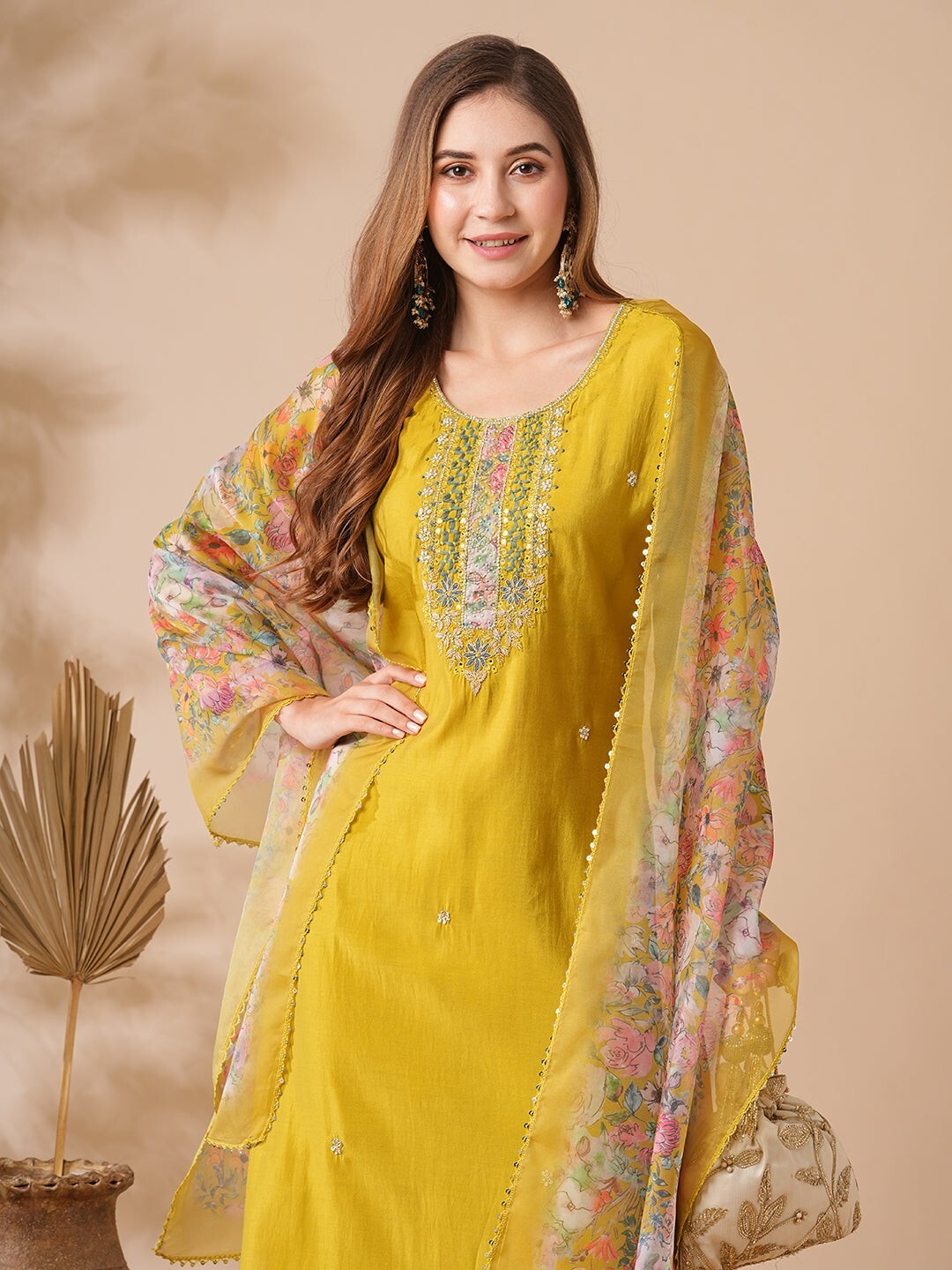 Women’ s Chanderi Cotton Embroidery Kurta with Pant & Dupatta