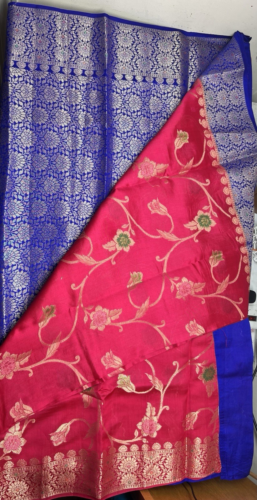 New Women Pure Banarasi Dhupion Silk Pink Blue Gold Green Floral Sari Saree