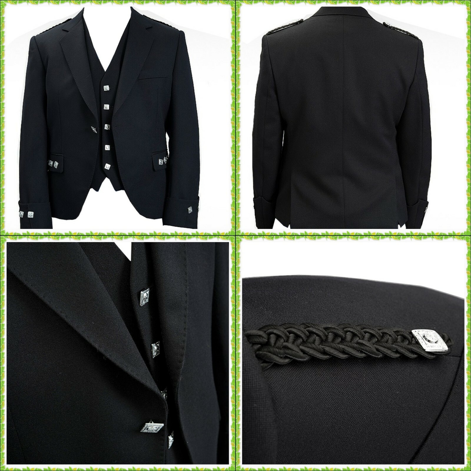 100% Blazer-Blend WOOL Black Prince Charlie & Argyle Kilt Jacket and Waist Coat