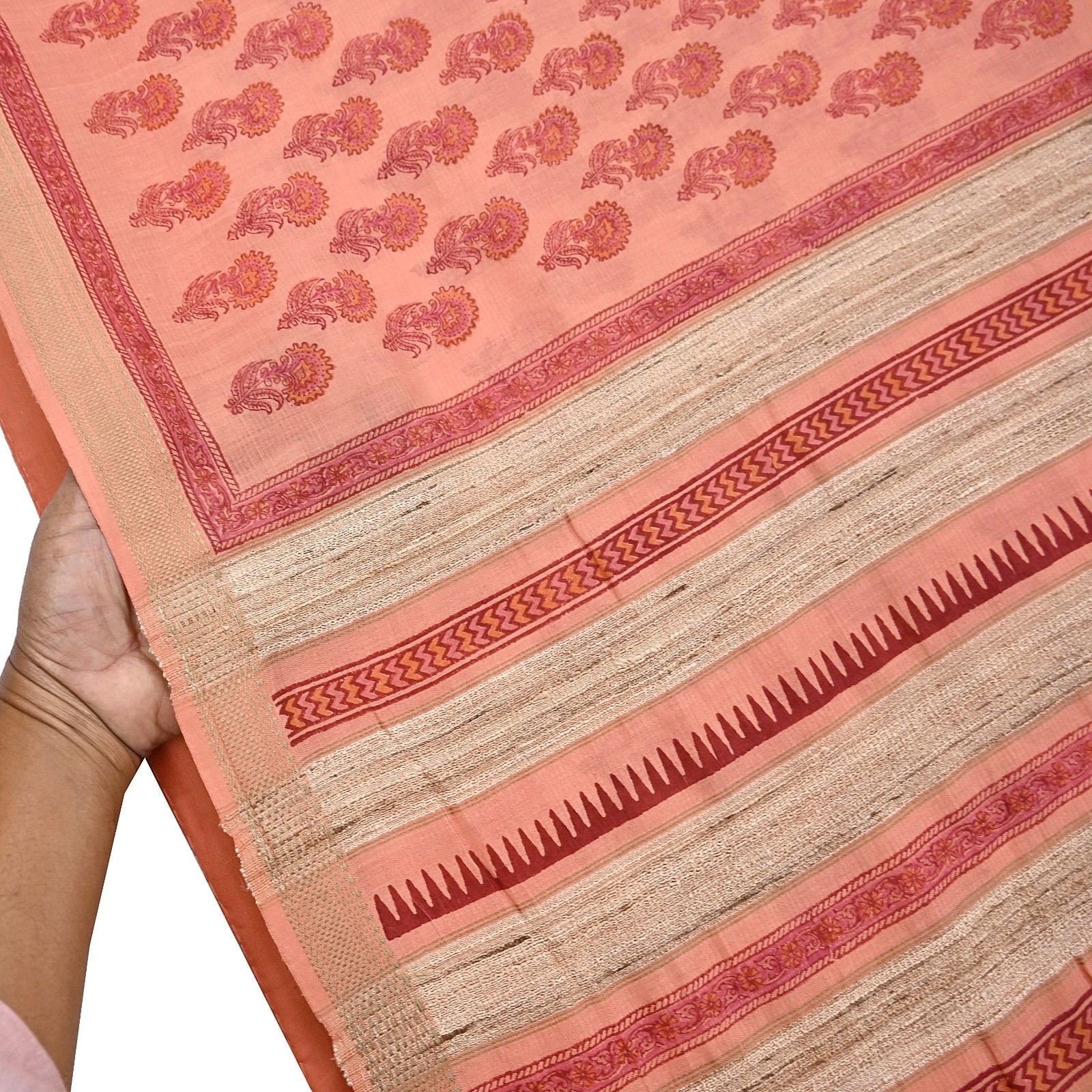 Indian Vintage Peach Block Printed Pure Chanderi Silk Saree Floral woven Border