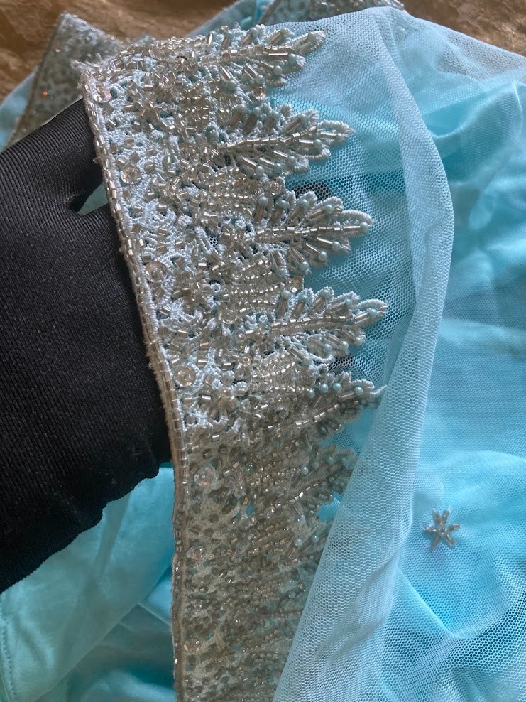 Vintage Indian Sky Blue Tulle Lehenga Skirt Glass Bugle Bead Silver Zardozi 44″