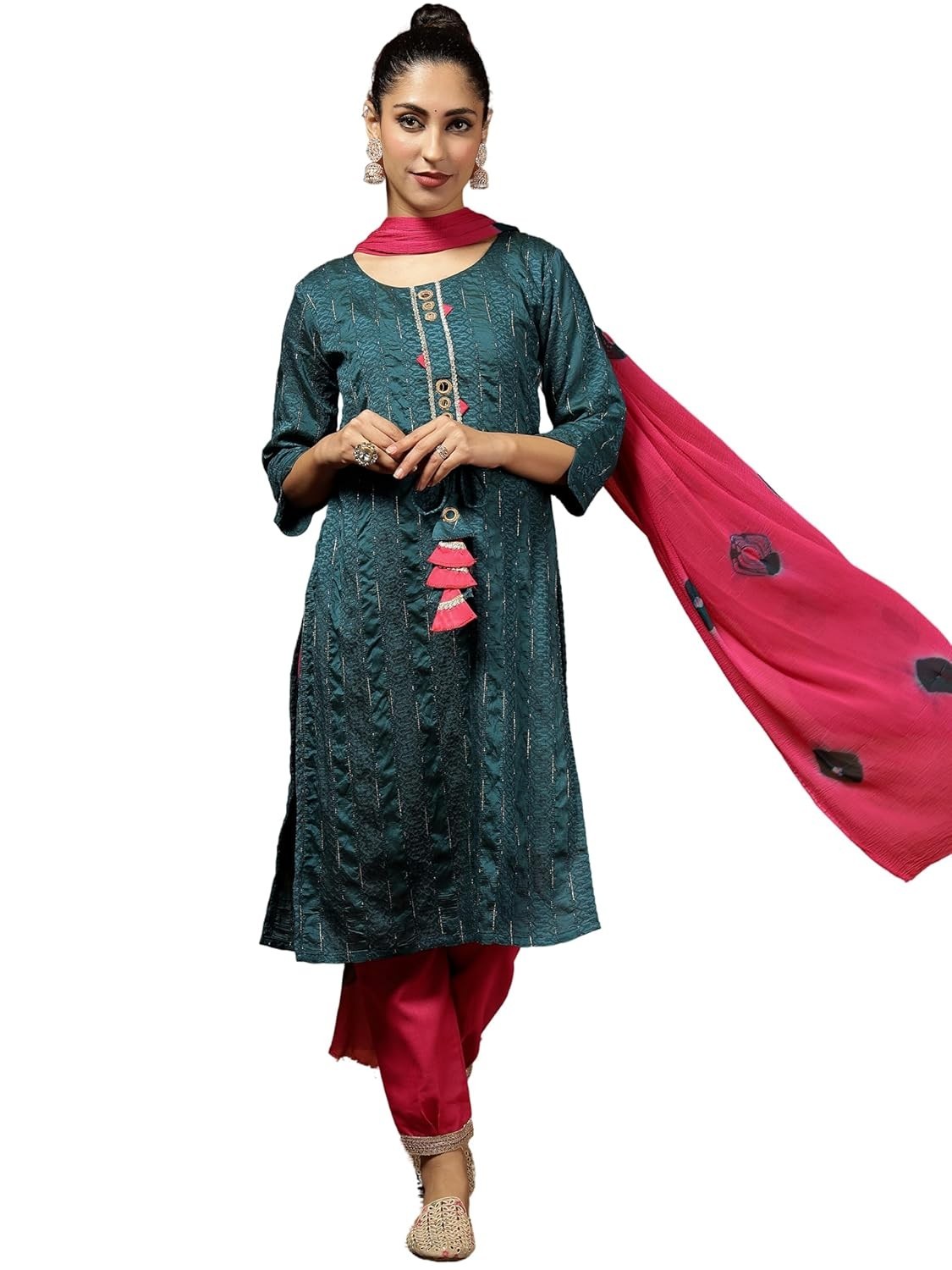 Women’s Chanderi Silk Woven Zari Mirror Work Stright Kurta Pant with Dupatta Set