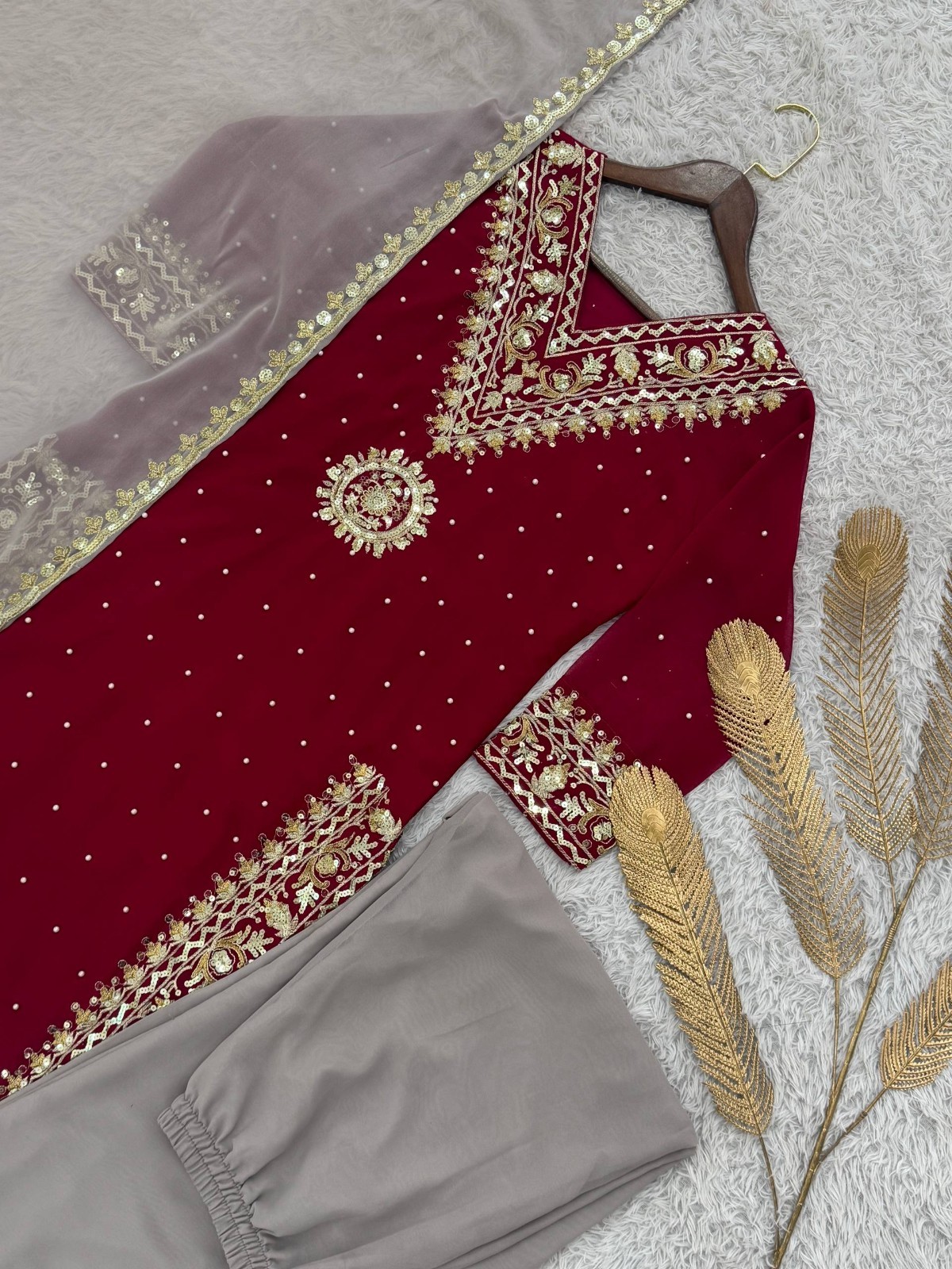 New Presenting Heavy Georgette Maroon Top Palazzo With Dupatta For Women Wear