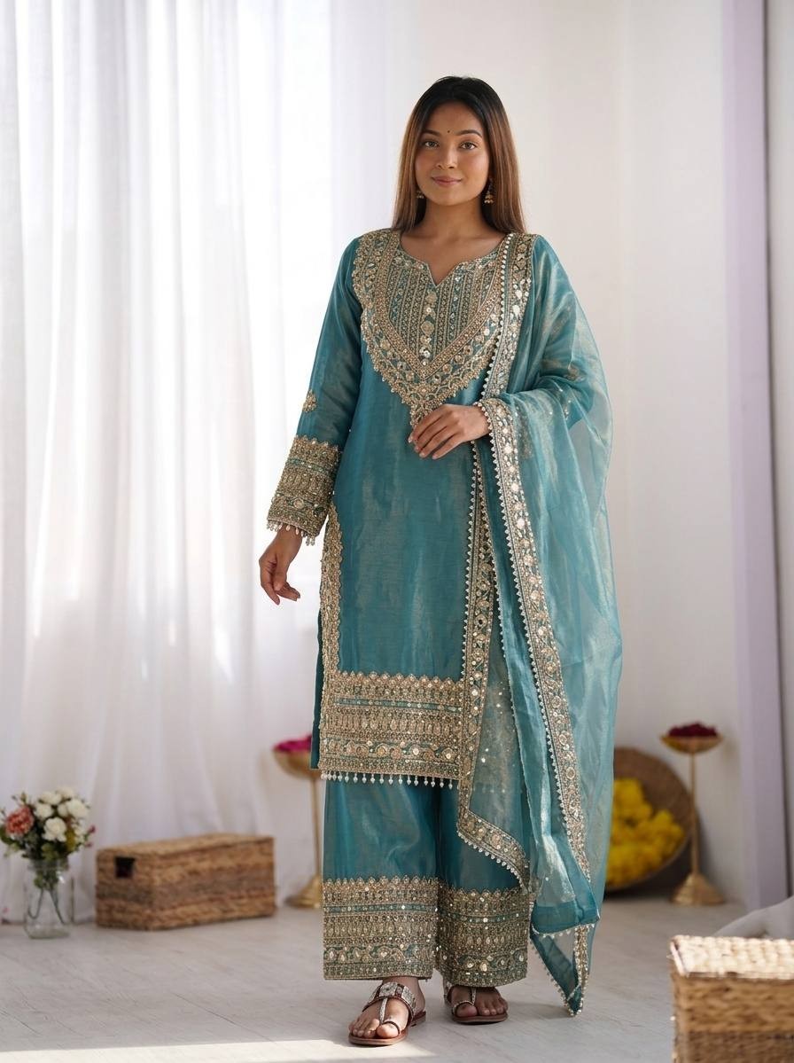 Teal Palazzo Suit Women Pakistani Indian Wedding Party Wear Embroidered Set