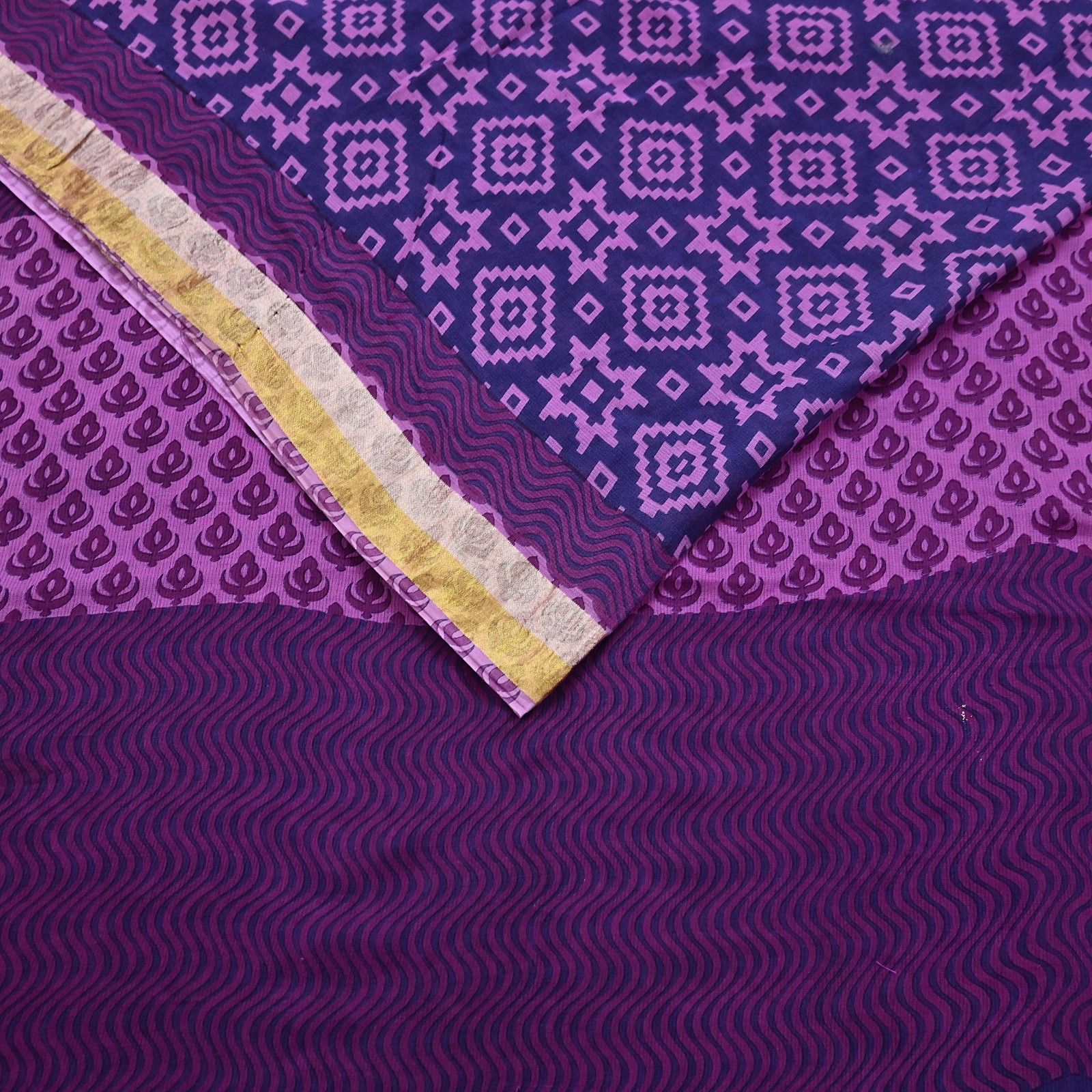 Indian Vintage Sari Blue & Purple Printed Pure Cotton Sarees Craft Fabric 5Yd